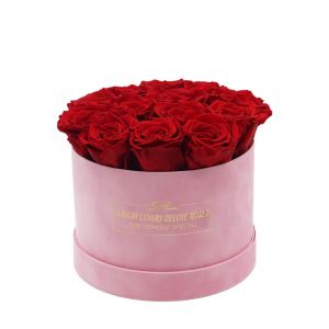 Luxury Vibrant Red Roses with Baby Pink Suede Box