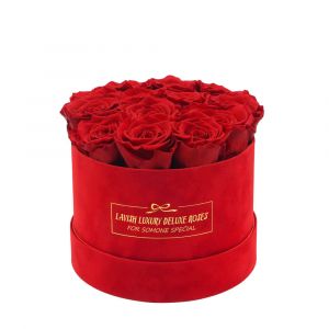 Luxury Vibrant Red Roses with Vibrant Red Suede Box