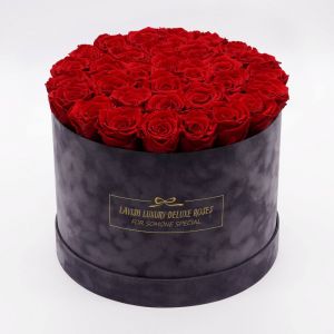 Luxury Vibrant Red Roses with Grey Suede Box