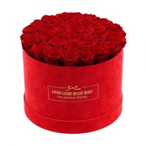 Luxury Vibrant Red Roses with Vibrant Red Suede Box Extra Large