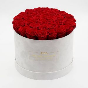 Luxury Vibrant Red Roses with White Suede Box