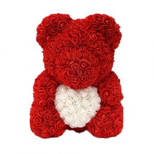 Vibrant Red Roses Bear with White Roses Heart