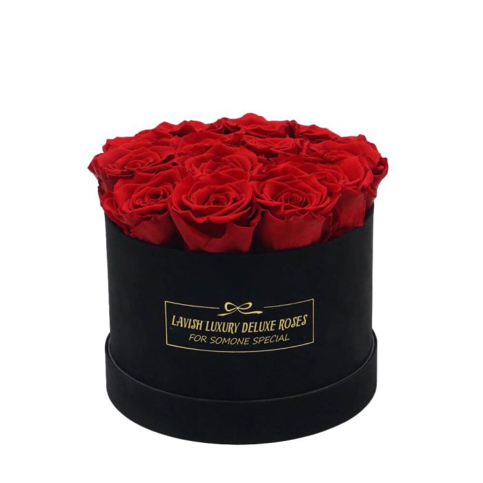 Luxury Vibrant Red Roses with Black Suede Box