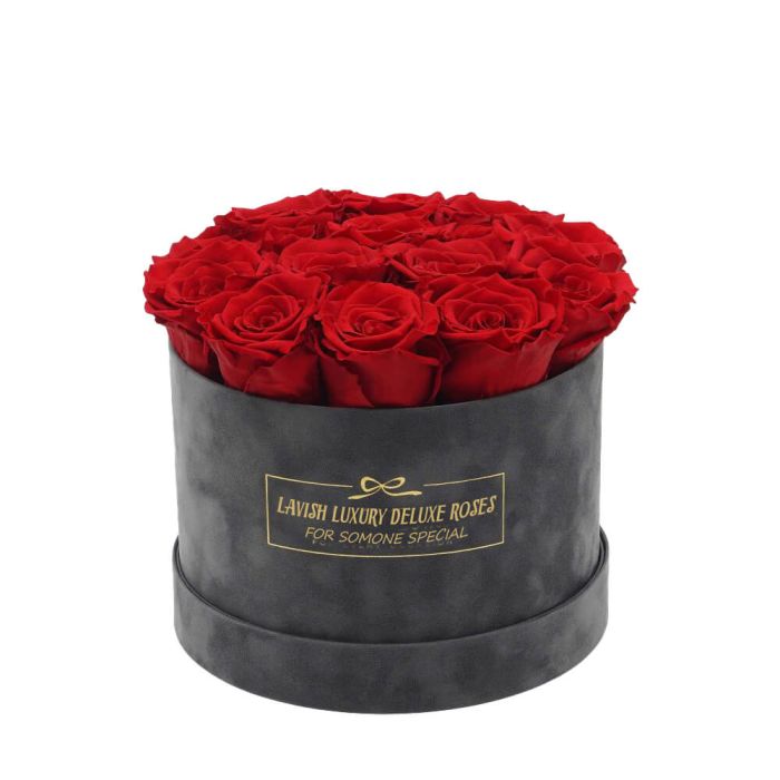 Luxury Vibrant Red Roses with Grey Suede Box