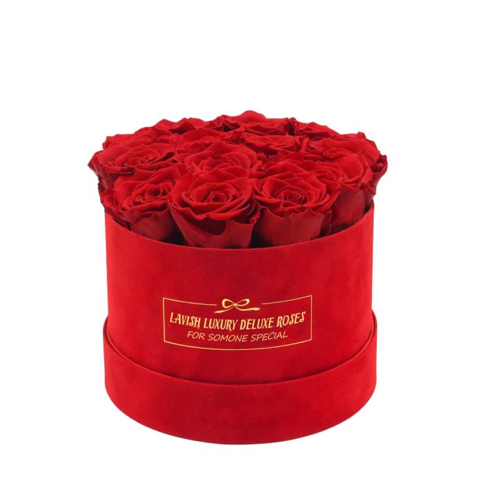 Luxury Vibrant Red Roses with Vibrant Red Suede Box