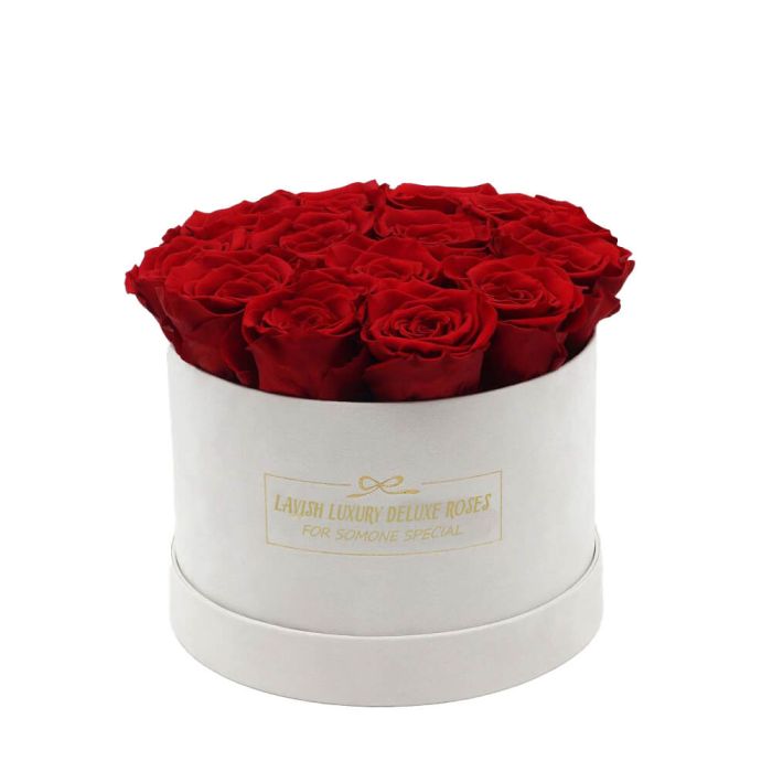 Luxury Vibrant Red Roses with White Suede Box