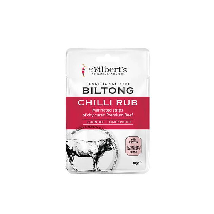 Mr Filberts Traditional Beef Biltong Chilli Rub Marinated Strips of Dry Cured Beef