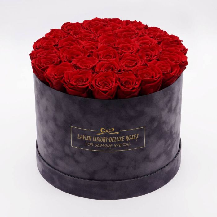 Luxury Vibrant Red Roses with Grey Suede Box