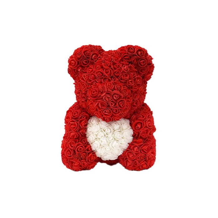 Vibrant Red Roses Bear with White Roses Heart