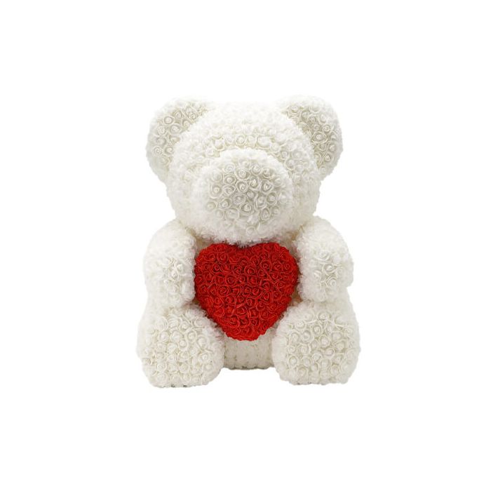 White Rose Bear with Red Rose Heart