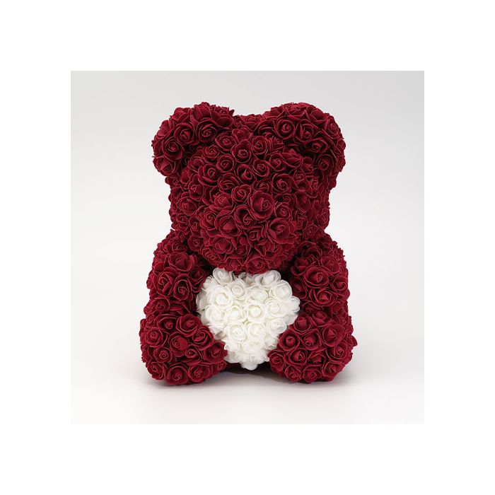 Wine Red Rose Bear with White Rose Heart